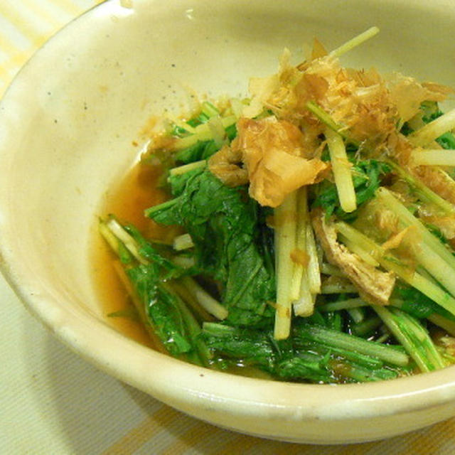 【うちレシピ】電子レンジで★水菜と揚げの煮びたし