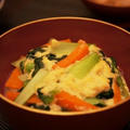 かき菜の泡雪卵餡、里芋の白味噌柚子仕立て、鯖の霙煮で