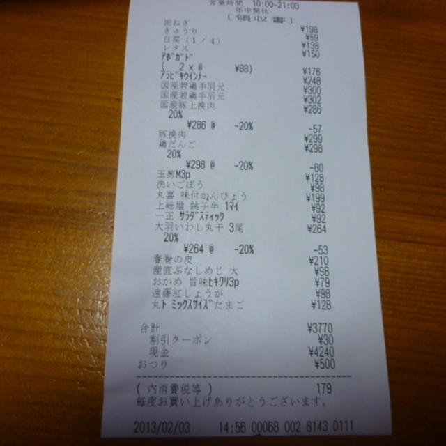 ２月最初のお買いものスーパー￥３７４０円也