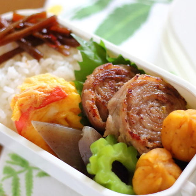 【弁当記録】豚肉ロールとスイートポテト風茶巾