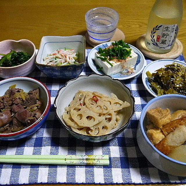 【晩酌】おでん・鶏きも煮付け・れんこんのきんぴら…