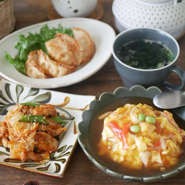 天津飯と揚げ餃子の簡単ランチ