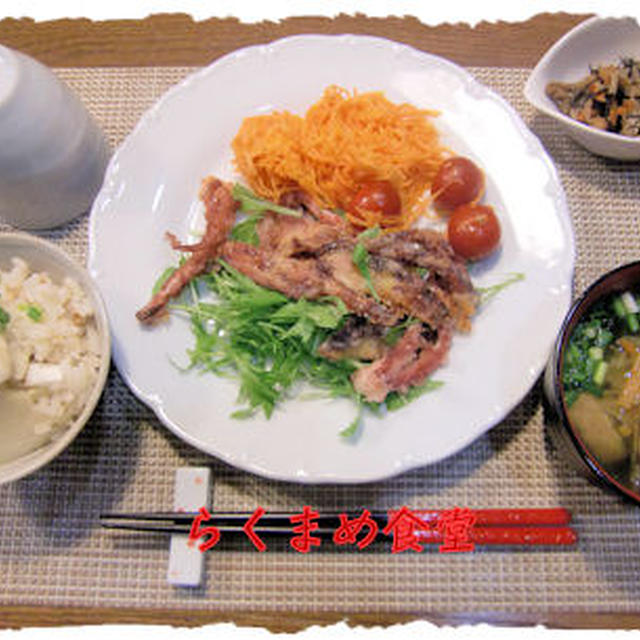 オーブンで焼く【焼きイカ】＆【鯛とたけのこの炊き込みご飯】の定食♪