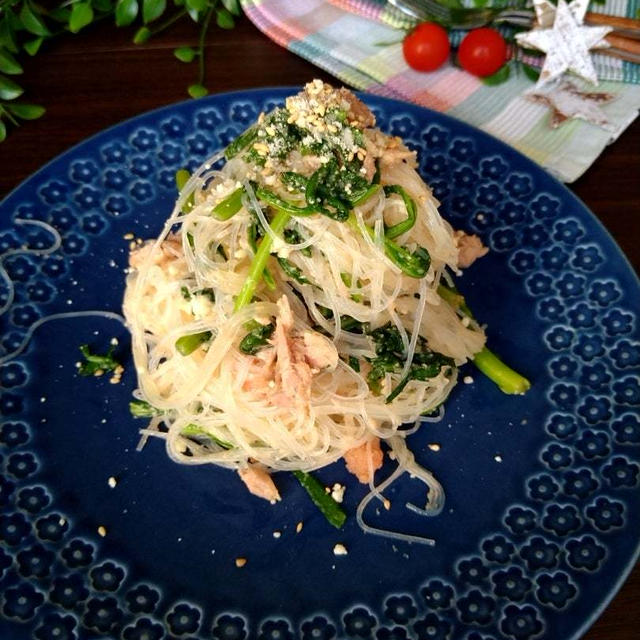 春菊が無限に食べられる☆春菊とシーチキンの明太チーズ春雨パスタ〜明太子の西海〜