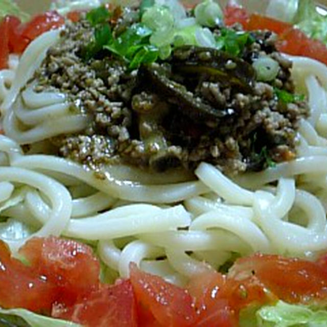鶏ミンチ＆茄子の胡麻みそジャージャーうどん（サラダ風）