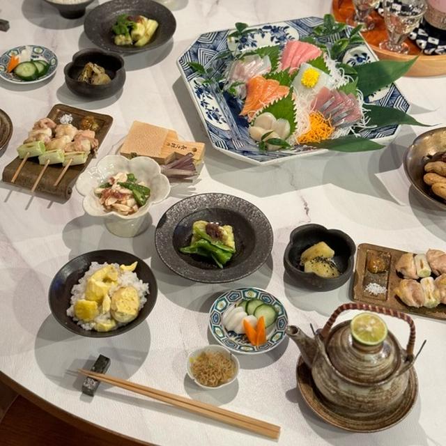 栗ごはんとお刺身と焼き肉の夜ごはん