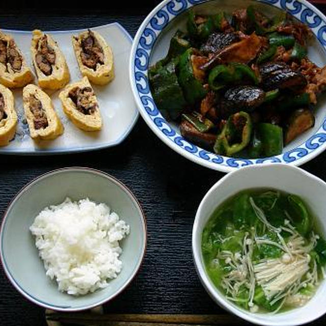 茄子とピーマンの味噌炒め＆サンマ巻き玉子