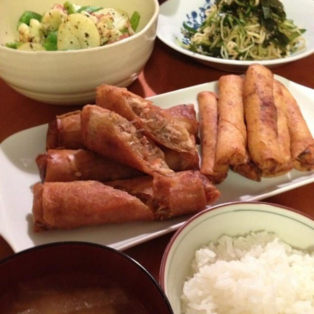 夕ごはん〜春巻き二種。切り干し大根のサラダ仕立て