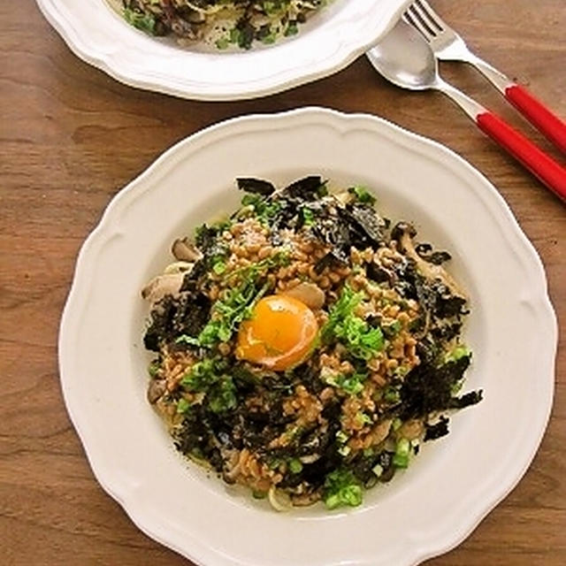 納豆と茸のマリネのパスタ