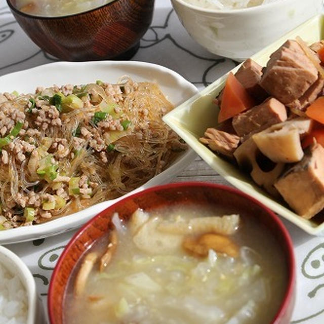 春雨そぼろの落花生油風味　と　かつお生ぶしの生姜煮