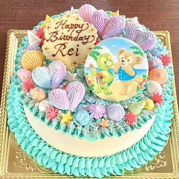 【ダッフィーとオル・メル】ハワイ風のデコレーションケーキ