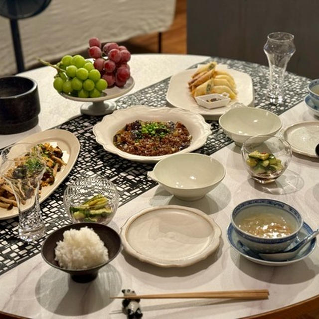 麻婆茄子、オクラ春巻、きのこの卵とじとかの夜ごはん