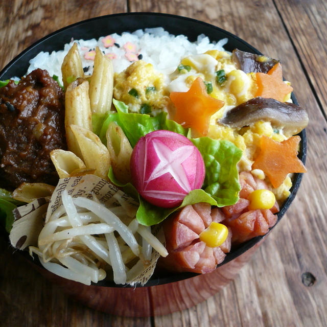 マッシュポテトの牛肉包み&ペンネのアンチョビとキャベツ炒め弁当♪