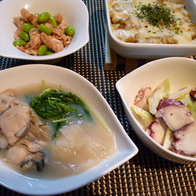 牡蠣のさっと煮とセロリとタコのマヨ和えの献立　夕ご飯（２日分）