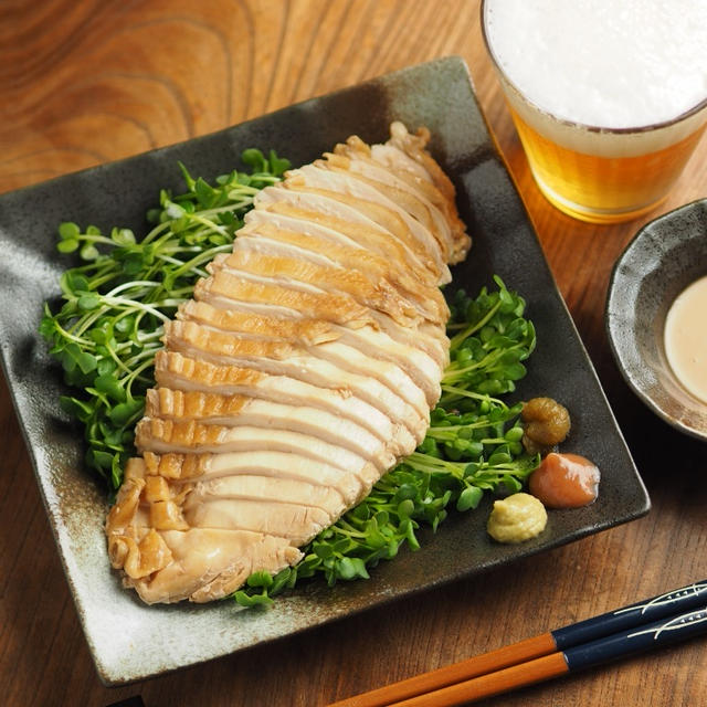 鶏むね肉のぽん酢蒸し、簡単、手間なし、しっとり柔らか