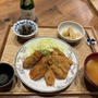 【献立】牡蠣フライ、たけのこの煮物、わらびのナムル風、長芋のお味噌汁、日本酒