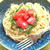混ぜて載せるだけ、トマト載せ明太子パスタ