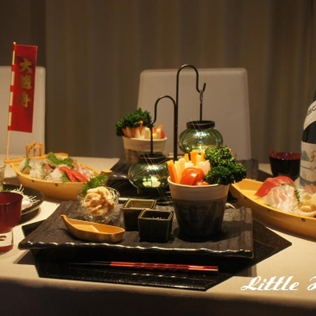 新鮮野菜と舟盛り刺身と日本酒と・・・