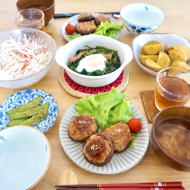 【献立レシピ付き】今日はしいたけの肉詰め♪副菜レシピ付きです！-作り置き✻絹さや✻サラダ