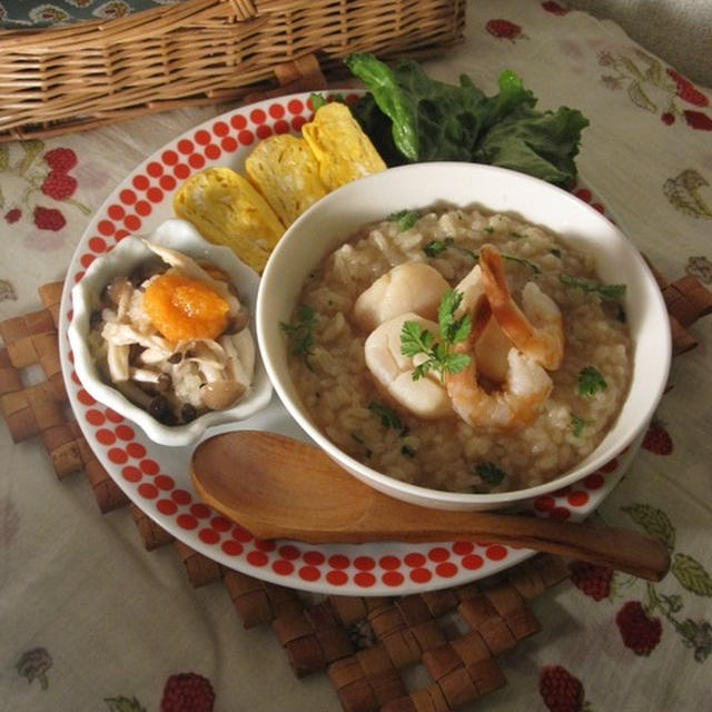 夕食ワンプレ♪チャービルと帆立のお粥