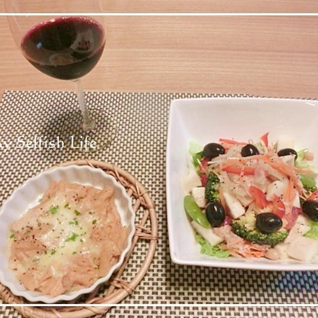 ジャーサラダと明太子ペンネグラタンで寂しい１人酒ｗ