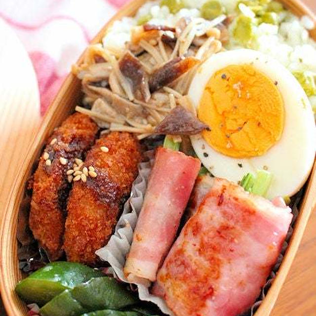 主役は不在でも映え・便利な豆ごはん！　夫のわっぱお弁当
