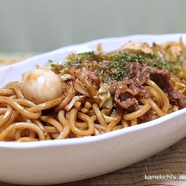 ソース焼きそばと「水菜と塩昆布のお浸し」