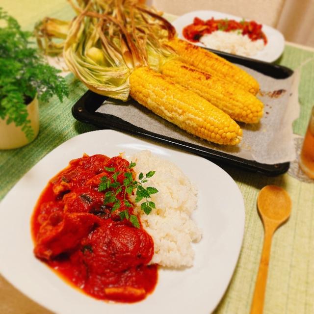 チキントマトカレーとメキシカンコーンの夕ご飯