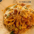 ズッキーニとマッシュルームのスパゲッティ　カルボナーラ風　・・・とタルトゥーフォ・ドルチェ