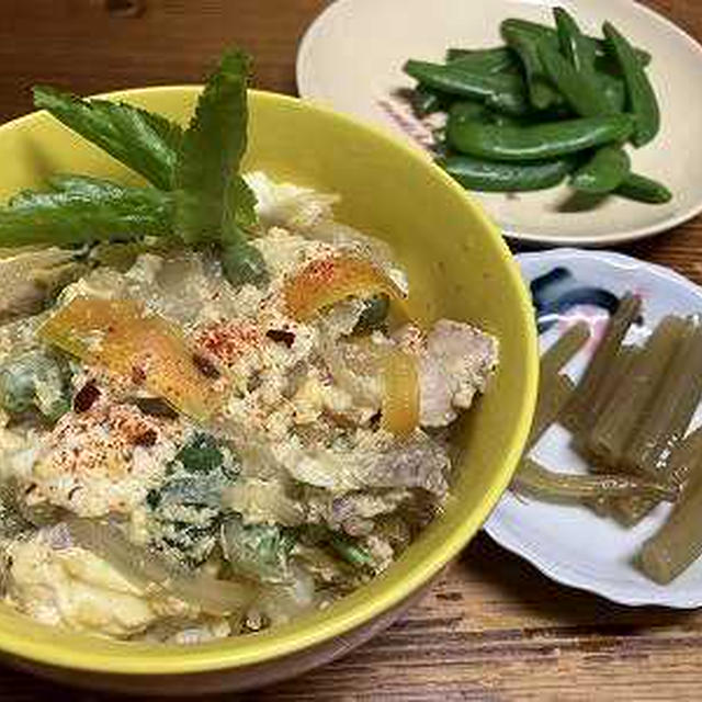 つゆだく親子丼、山蕗の煮物