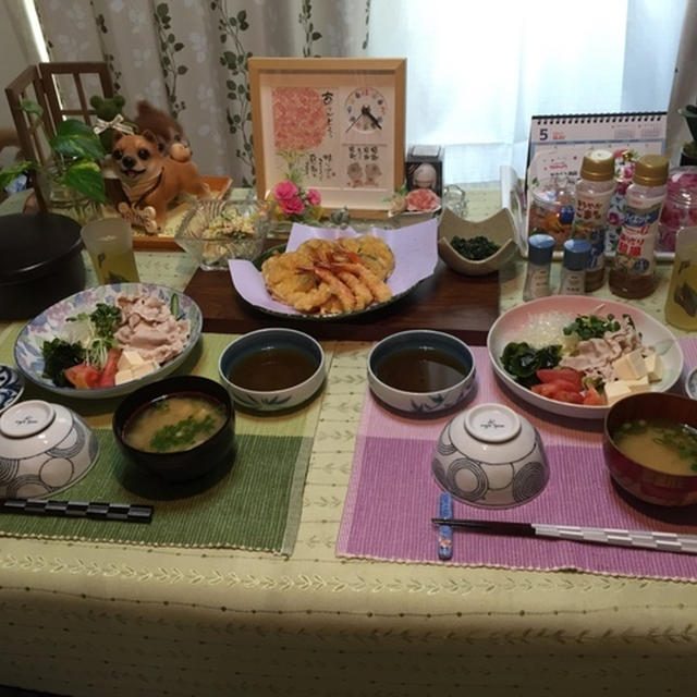紫陽花柄の器で冷しゃぶサラダ&天婦羅盛合せ