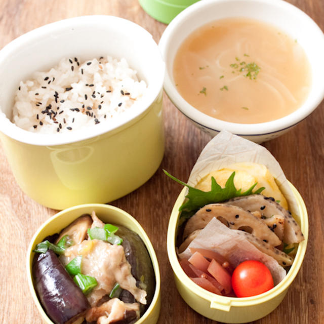 お弁当『茄子の揚げ浸しに豚肉の焼いたのを和えたおかず』 