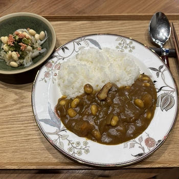 【献立】大豆のダールカレー、大根と大豆とあおさと明太子のサラダ