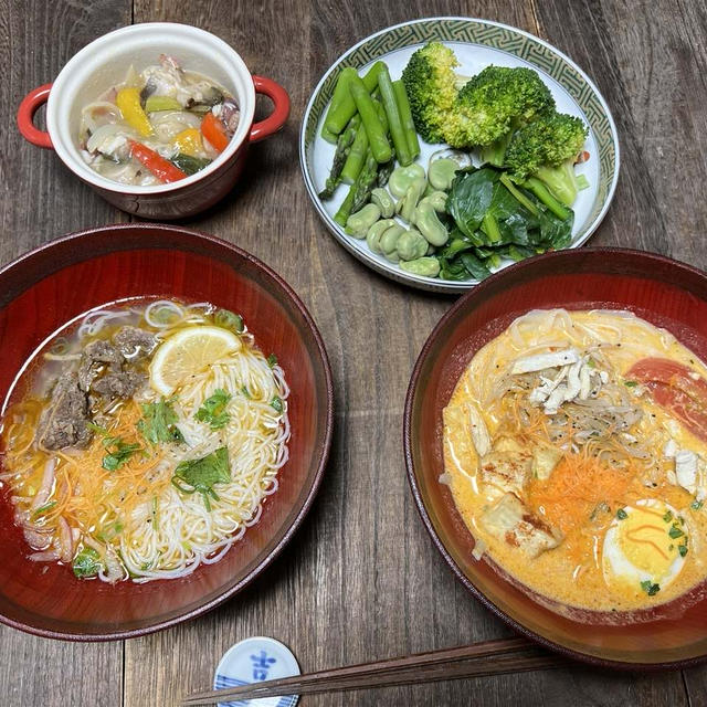 石井シンガポールラクサ麺ベトナム風牛肉麺・ブロッコリーアスパラ蚕豆小松菜カサゴアクアパッツァ