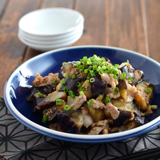 豚肉となすの香味ポン酢炒め。【少量の油でなすを蒸し焼き】塾弁も一緒に。