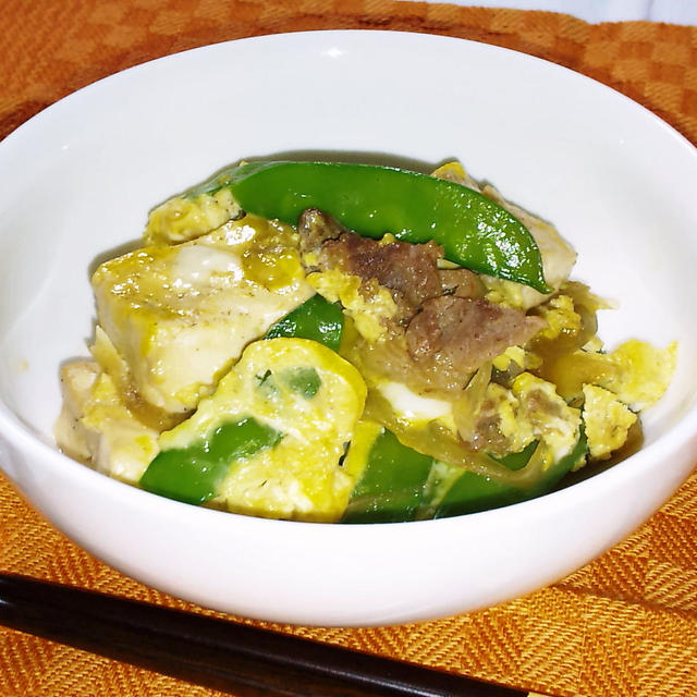 きぬさやと豆腐の豚卵とじ　　　　　本日の簡単料理レシピ