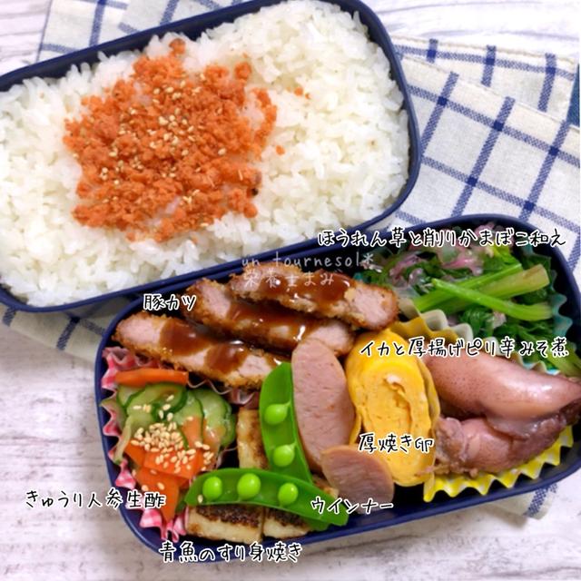 イカを食べて肝機能強化！自家製冷凍食品で主人弁当【イカと厚揚げピリ辛みそ煮】