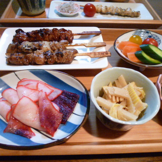 焼き鳥と自家製メンマの献立　夕ご飯