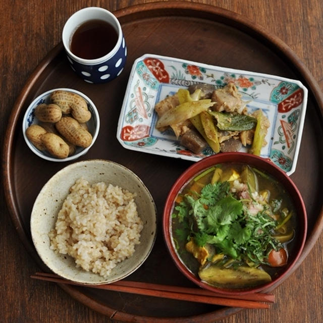 一汁二菜ごはん ◆茄子とごぼうと厚揚げのアジアンなターメリックスープ、鶏肉とネギの味噌煮、生ピーナッツ（オオマサリ）の塩茹