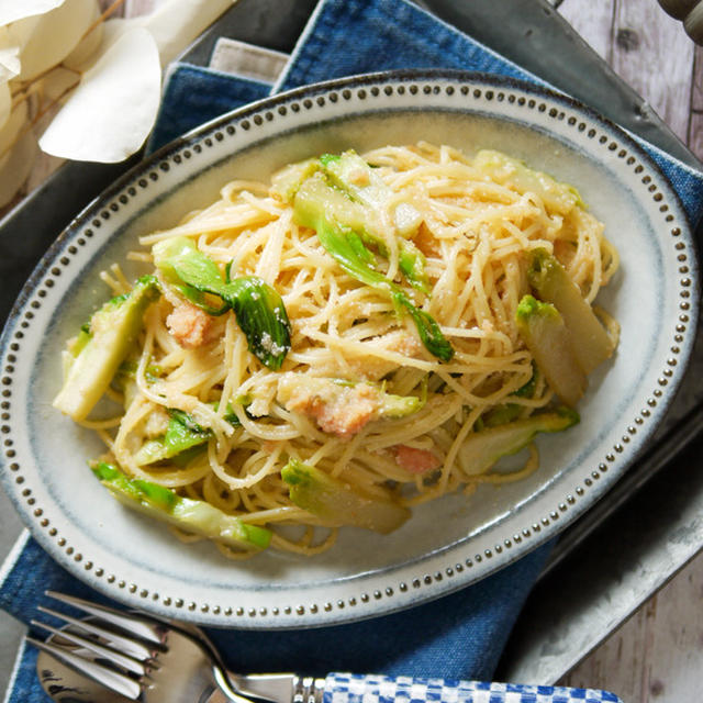 絶品！博多の名物食材コラボ☆旨味と食感がやみつき！【明太子と蕾菜のオイルパスタ】