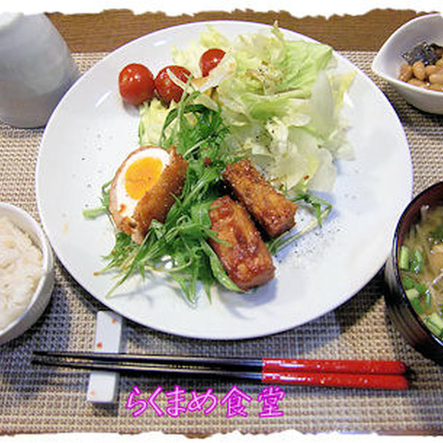 卵の豚肉巻き＆厚揚げの定食♪