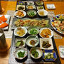 小鉢９品で気分は松花堂弁当。なすとトマトのパスタサラダ、ゴーヤチャンプルーとお刺身で晩酌
