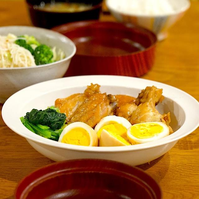きのうの献立メモ。鶏手羽とゆで卵のにんにく醤油煮定食（2021.2.3）