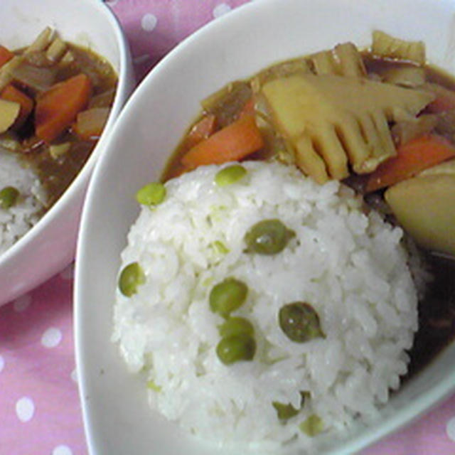 ☆豆ご飯とたけのこカレー、南瓜コロッケ〜☆