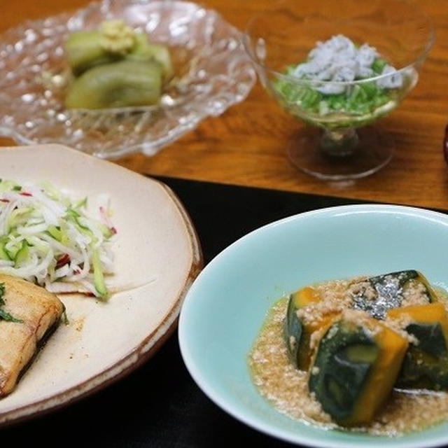 レシピ付き献立 鯖の香り焼き・かぼちゃののそぼろあんかけ・焼きなす・オクラの酢の物