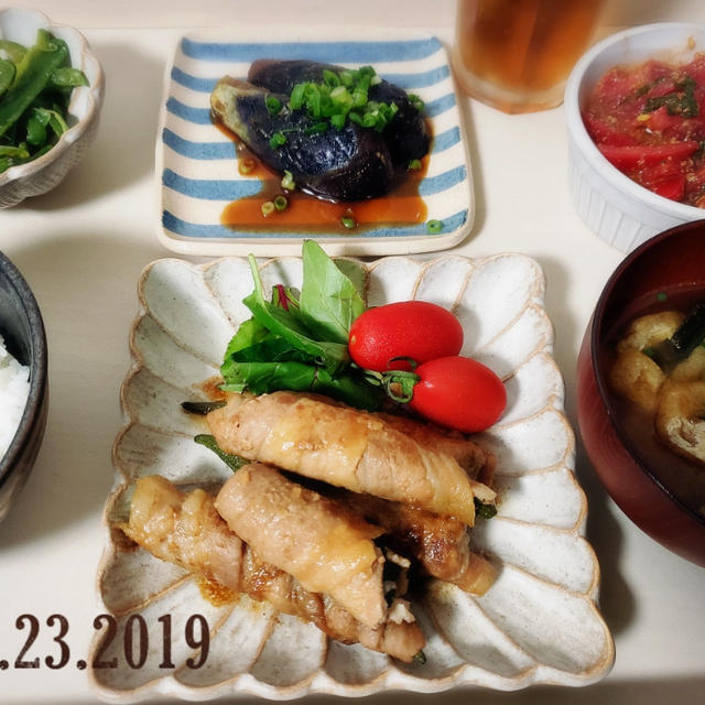 ７月23日献立～オクラと青じそのバタポン豚バラ巻き献立～