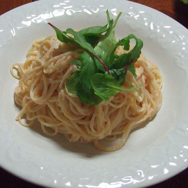 明太子スパゲティ＆サニーレタスと蓮根のサラダ