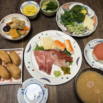 角上魚類縞海老刺身生鮪刺身筍刺身したらば・ブロッコリーのらぼう菜そら豆ホワイトアスパラきゅうり漬