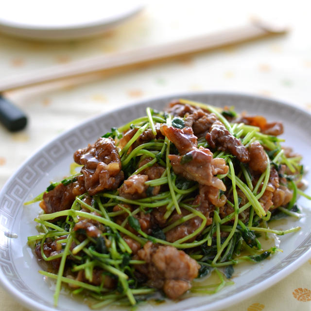 この食べ方ありあり！豆苗の青椒肉絲風。*かどや製油