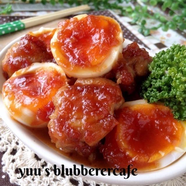 トロ〜り半熟卵♡鶏もも肉のトマト入り焼き肉タレ炒め